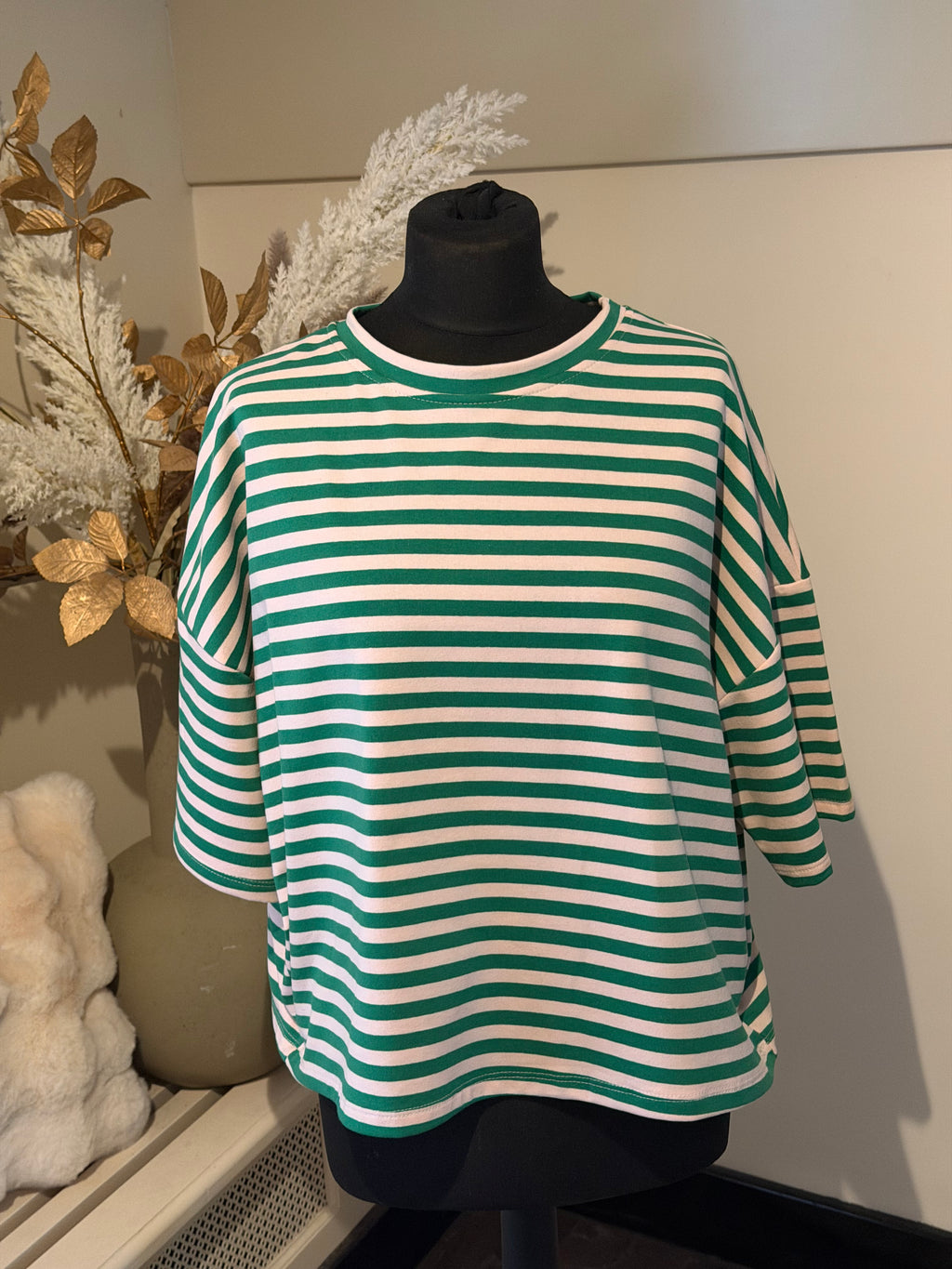 Top Lia streep g.green/ licht roze