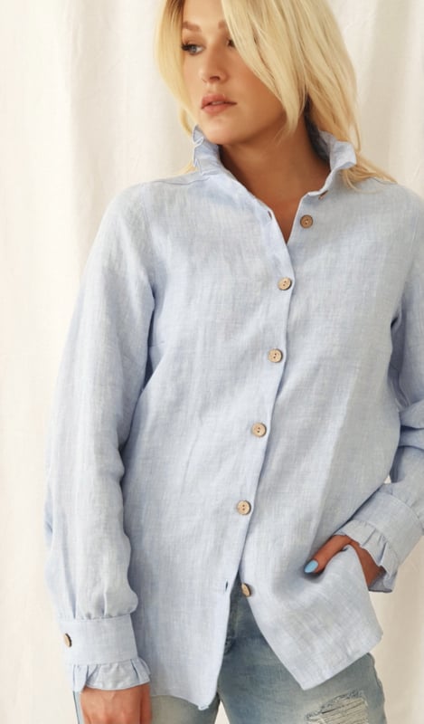 BYPIAS RUFFLE LINEN SHIRT OXFORT BLUE