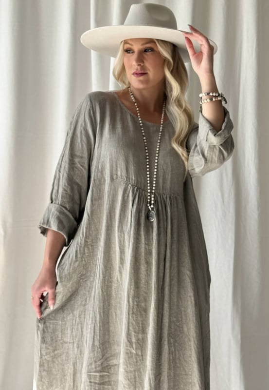 BYPIAS CAMILIA LINNEN JURK TAUPE