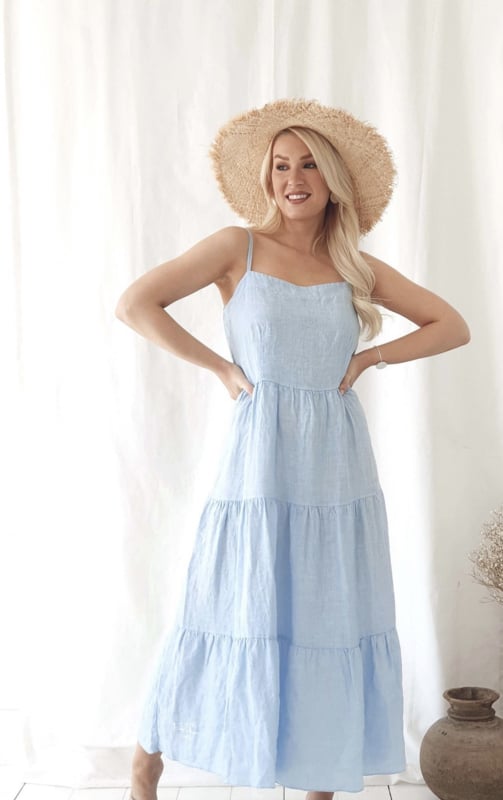 BYPIAS BOHEMIANA BONFIRE LINEN DRESS SKY BLUE