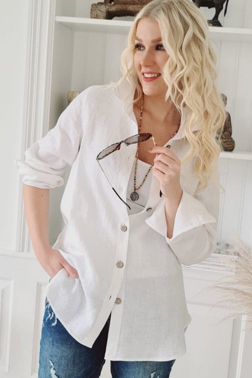 BYPIAS BOYFRIEND LINEN SHIRT, WIT