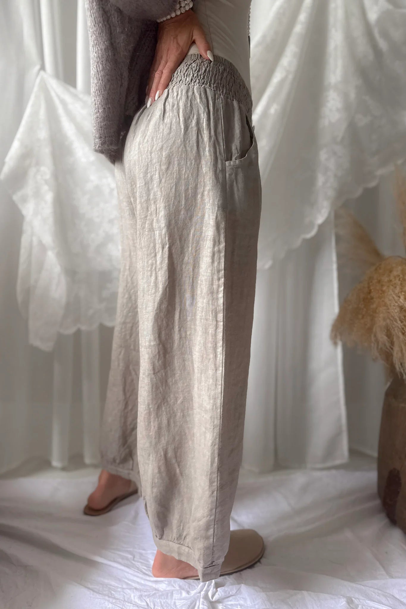 Bypias bohemiana bubble linen trousers taupe