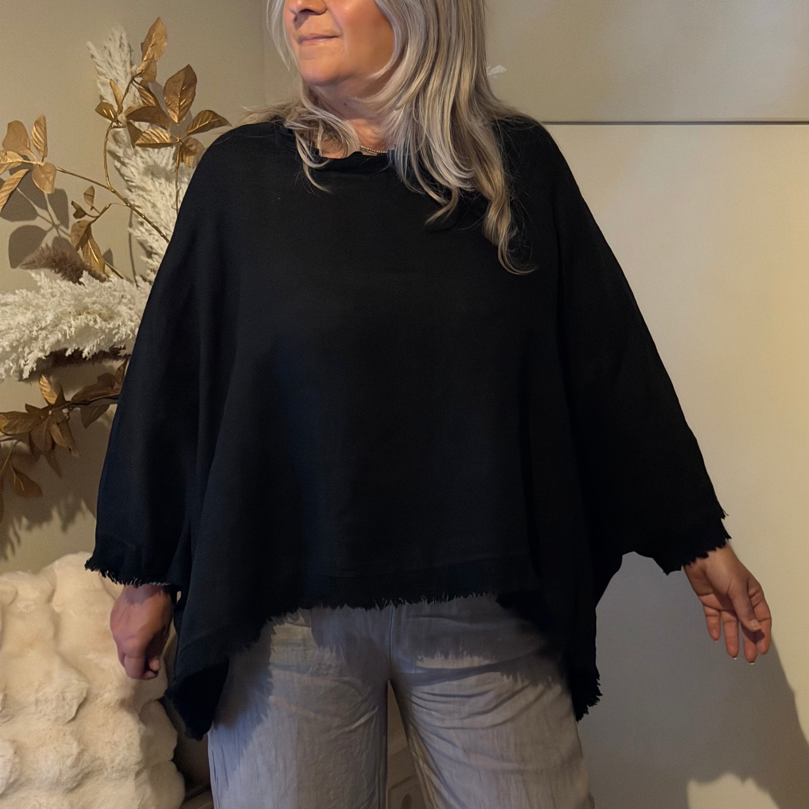 linnen top boho ruffle zwart