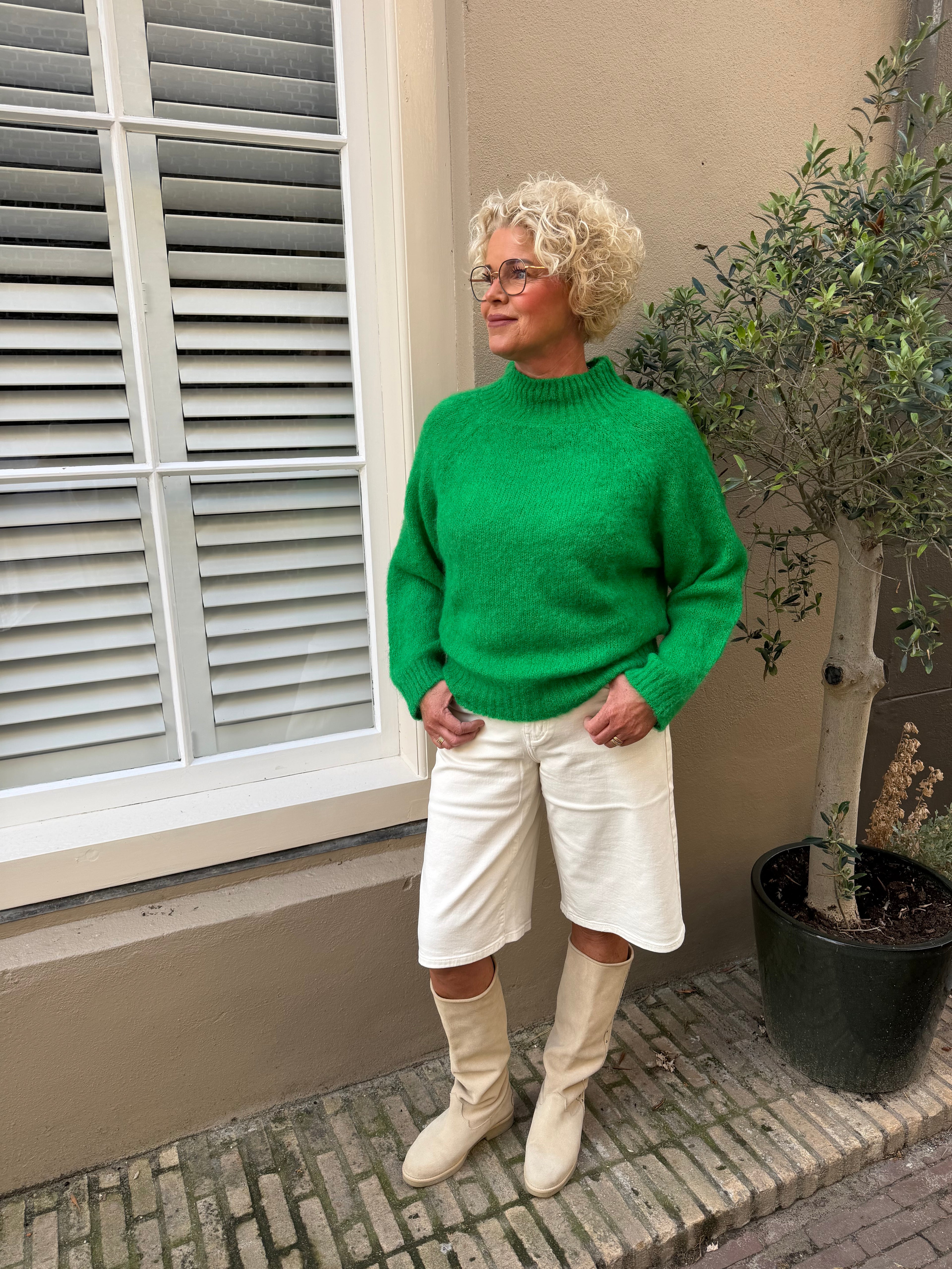 TWNS HINA long-sleeve flared solid mock-neck sweater grass green