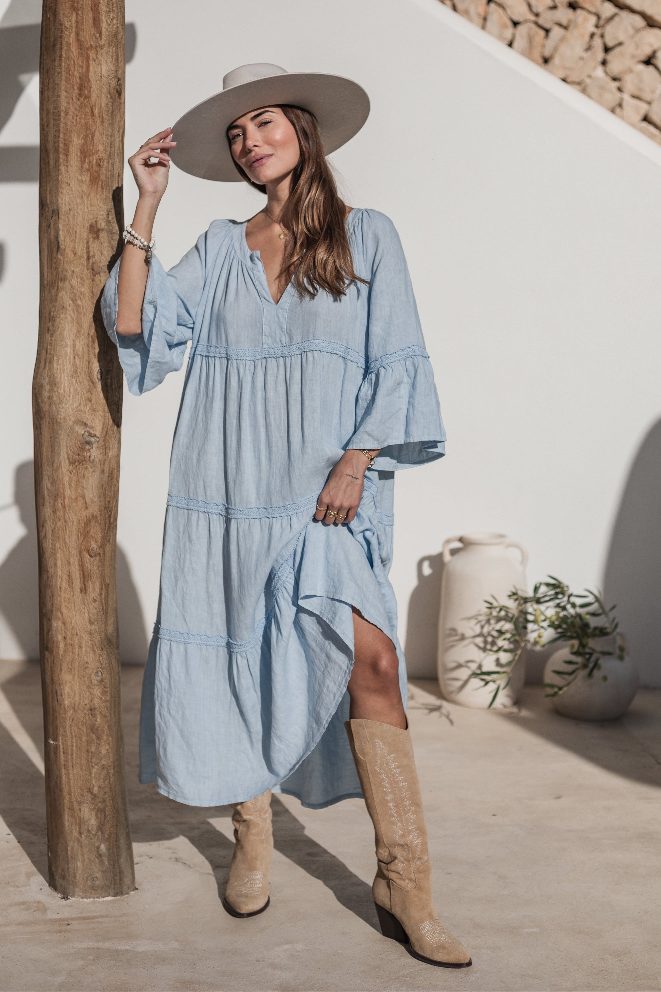 Bypias bohemiana Octavia linen dress light blue