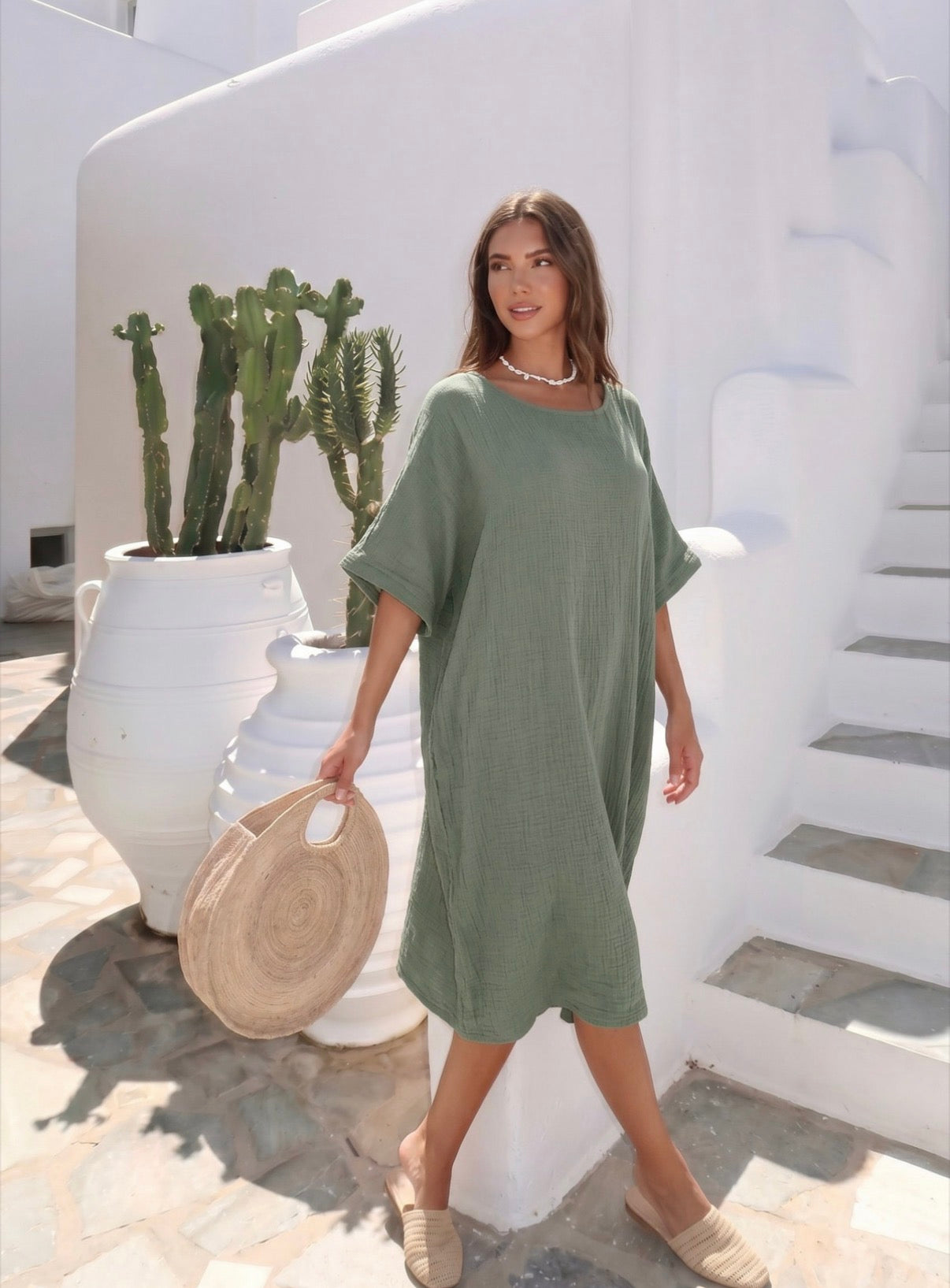 Linnen mix dress Summer kaki