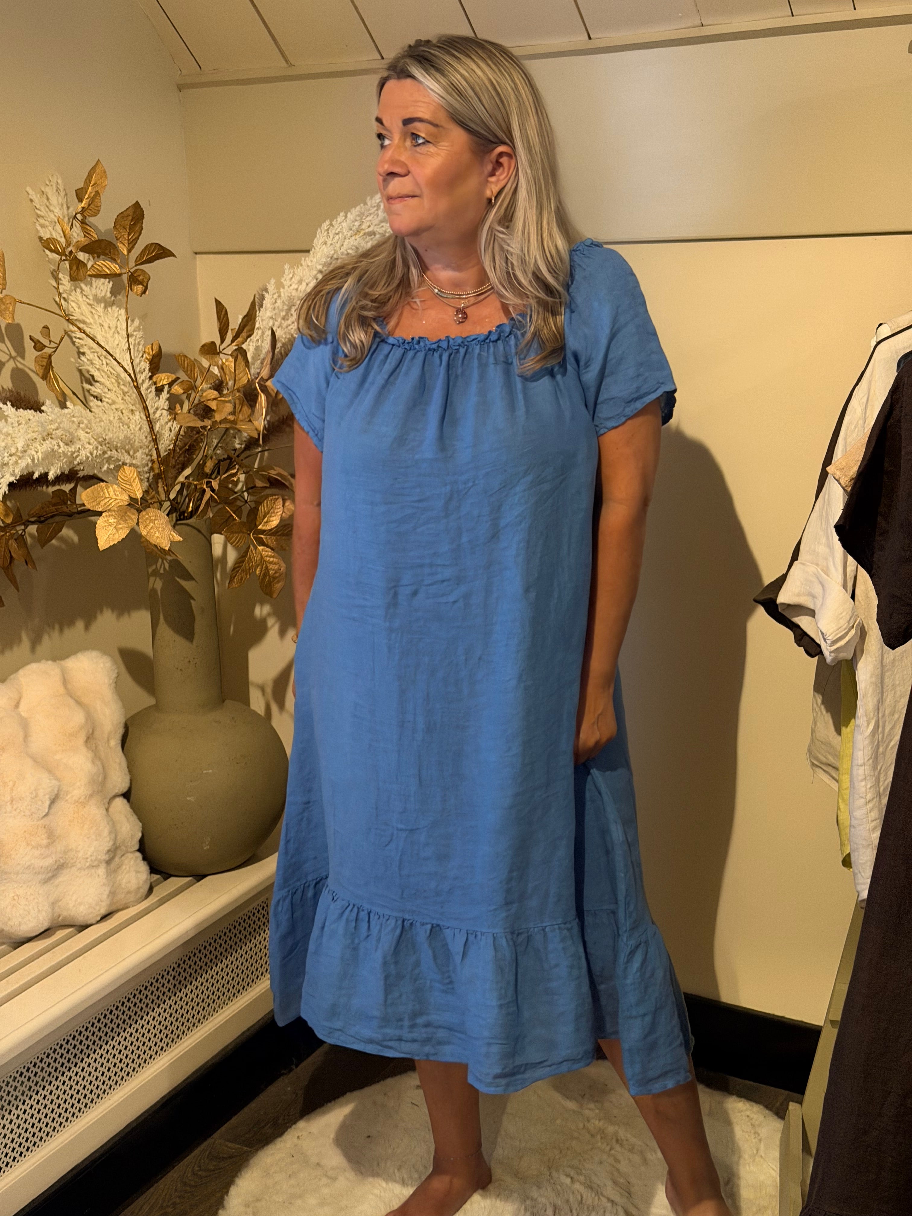 linnen jurk off schoulder blue