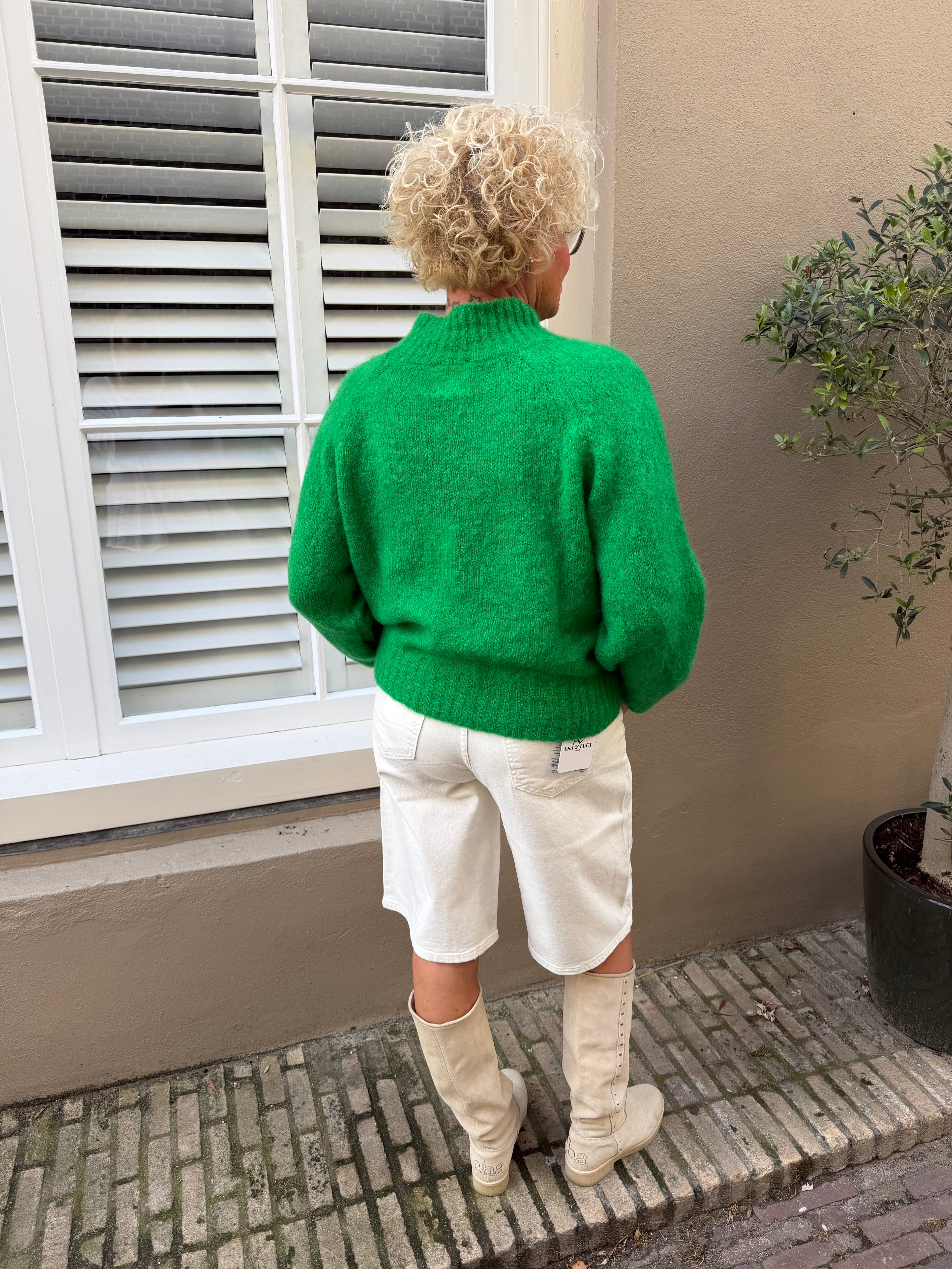 TWNS HINA long-sleeve flared solid mock-neck sweater grass green