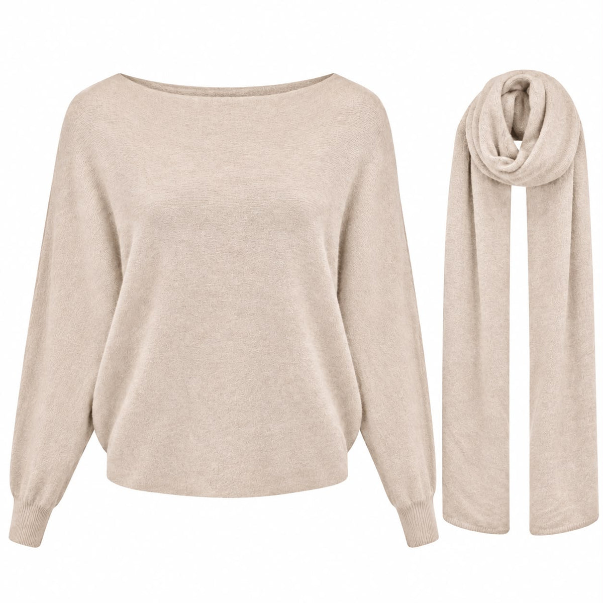 Batwing Trui Fiene met Sjaal in beige – trui met sjaal voor dames