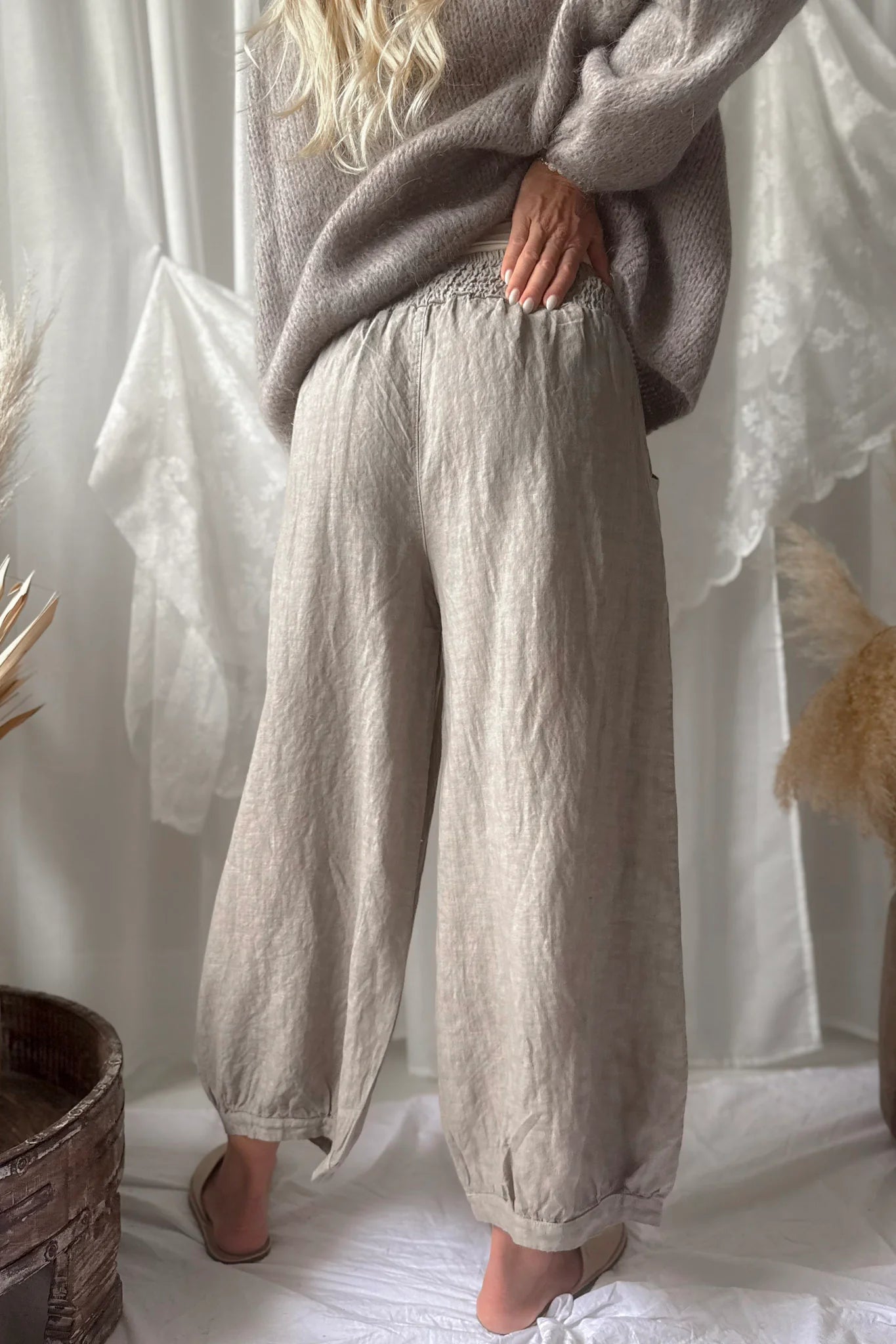 Bypias bohemiana bubble linen trousers taupe