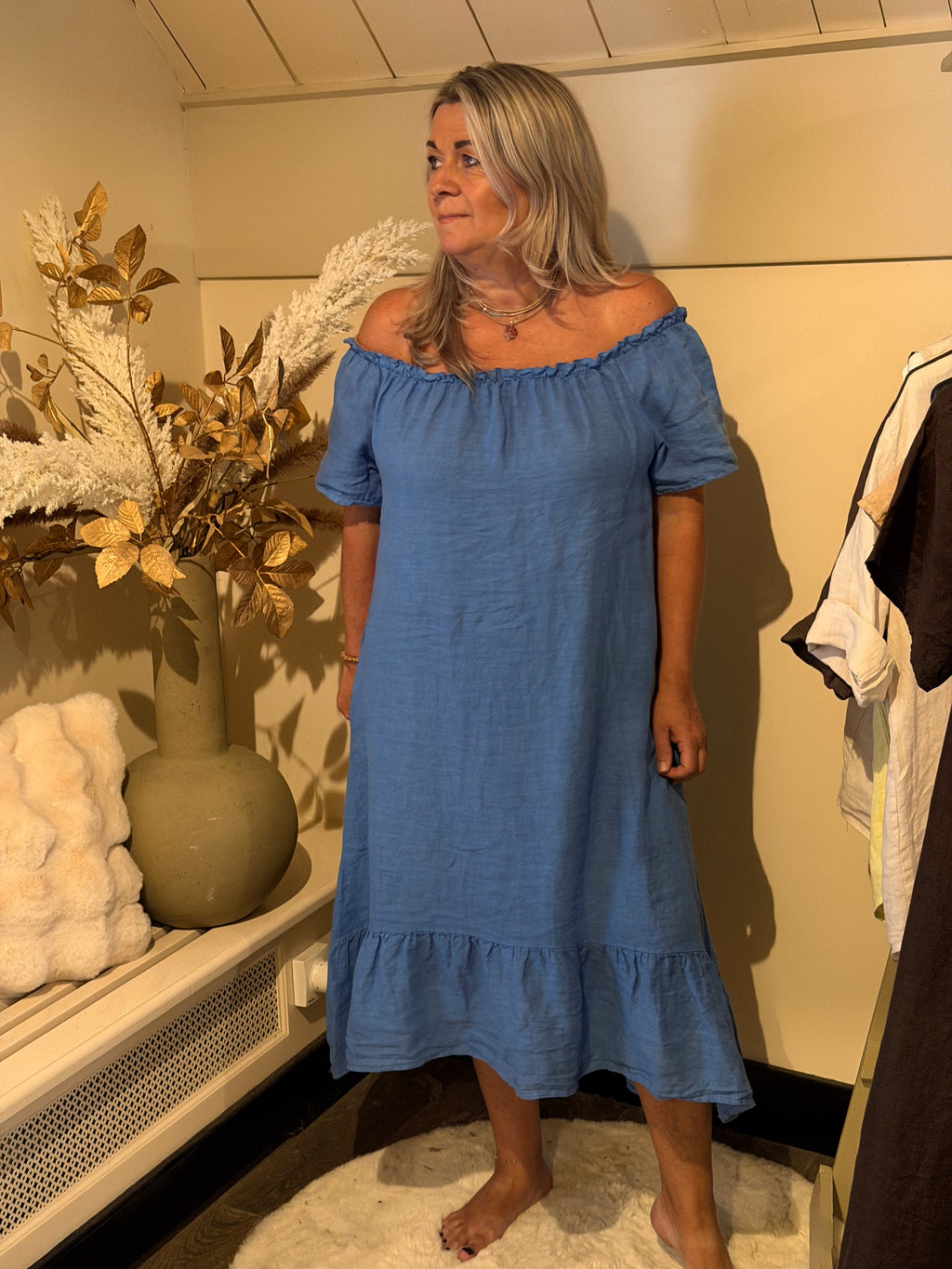 linnen jurk off schoulder blue