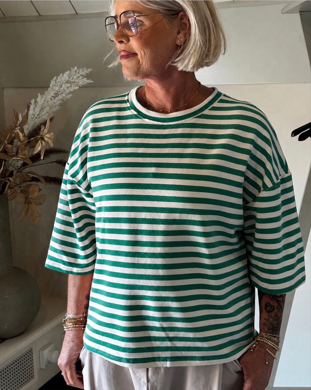 Top Lia streep g.green/ licht roze