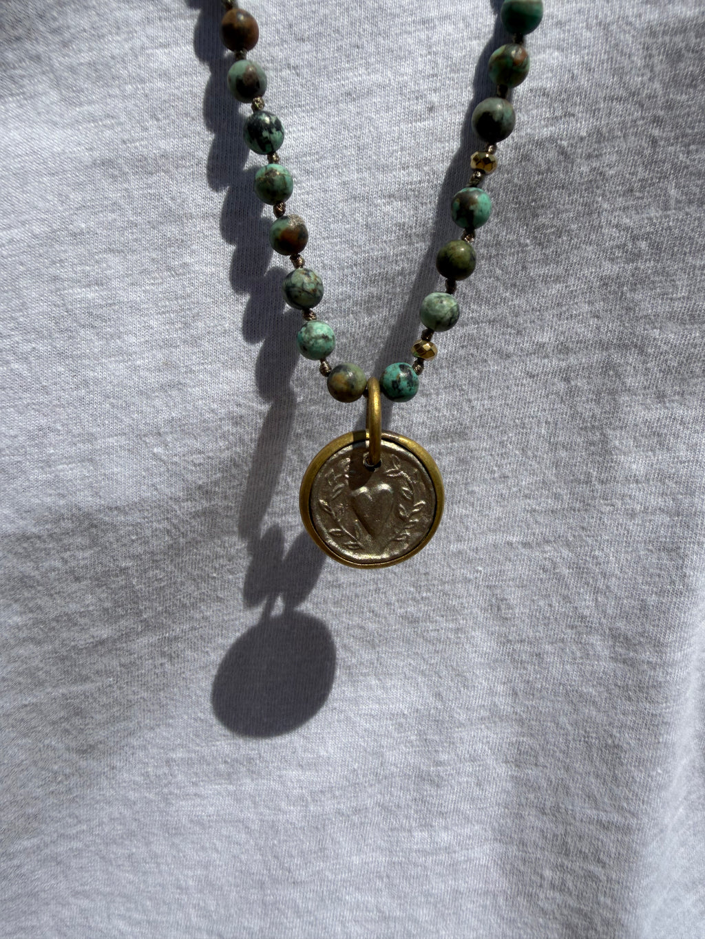 BOHO KETTING HEART 6MM SILVER AFRICAN TURQUISE