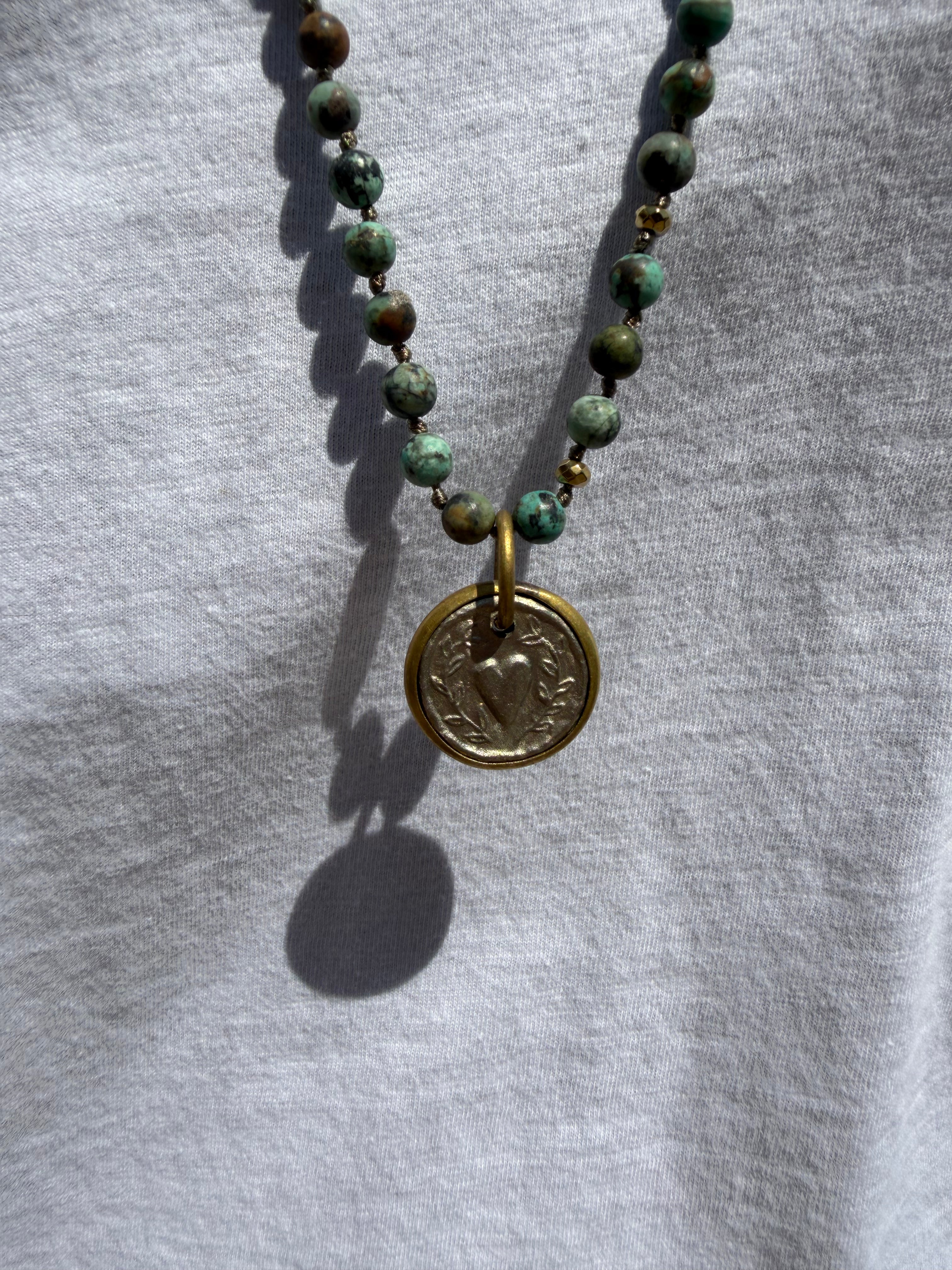 BOHO KETTING HEART 6MM SILVER AFRICAN TURQUISE