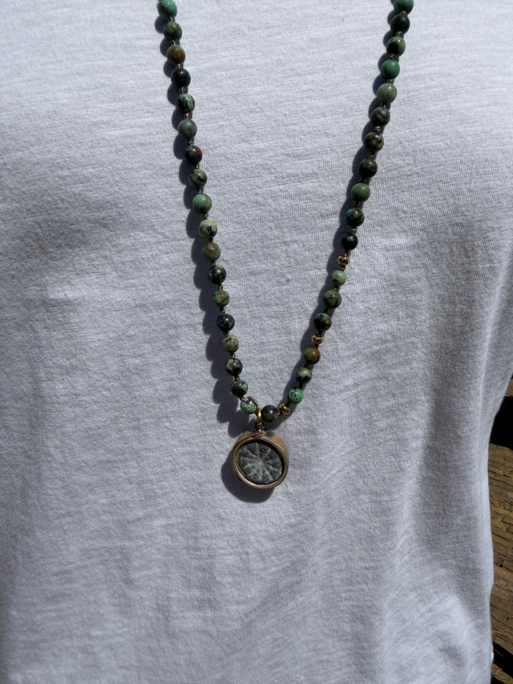 BOHO KETTING BUDDHA 6MM TWO SIDES AFRICAN TURQUISE