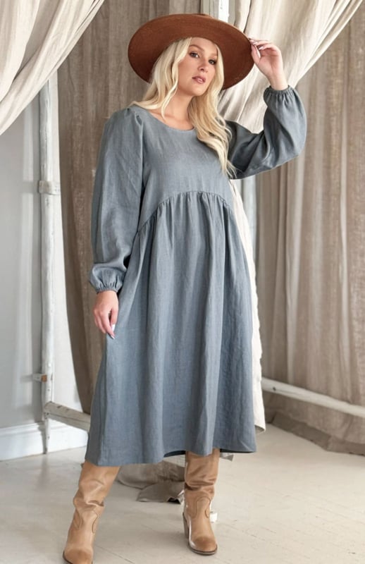 BYPIAS LOVELY AUTUM LINNEN DRESS SMOKEY BLEU