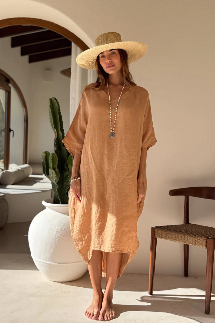 BYPIAS BOHEMIANA Cassana linen kaftan caramel