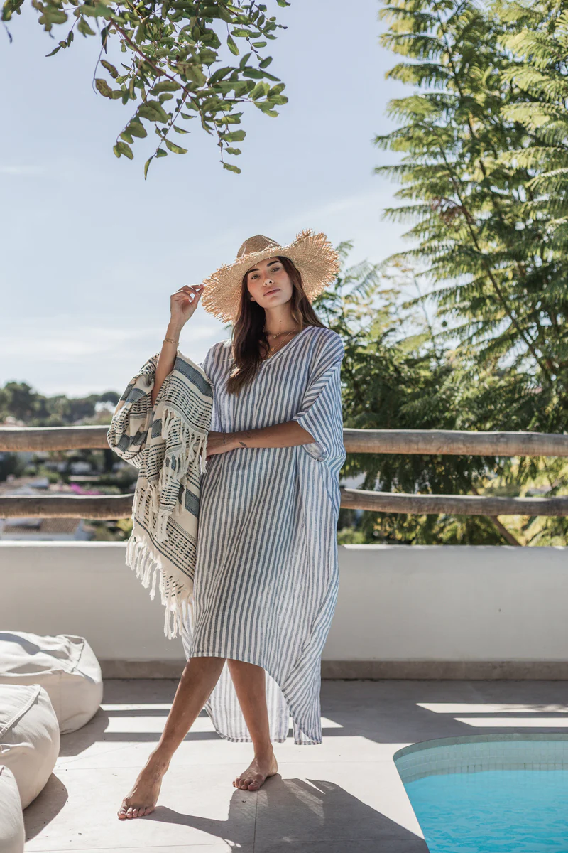 BYPIAS BOHEMIANA Cassana linen kaftan blue stripe