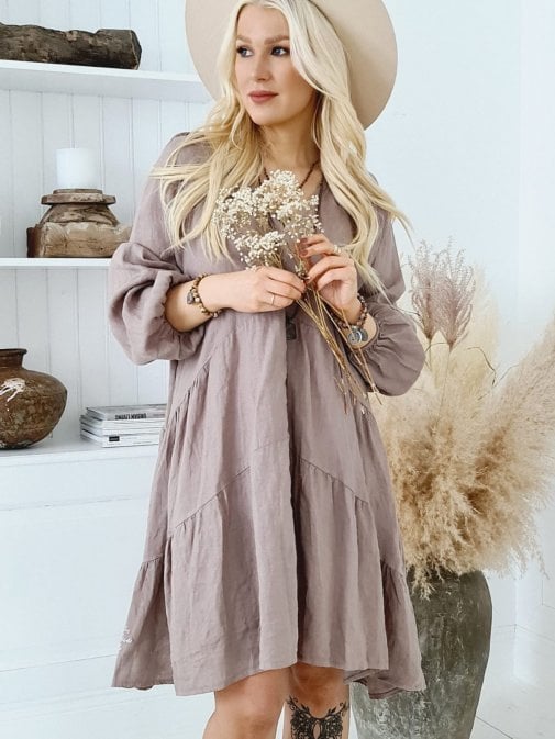 BYPIAS BOHEMIANA JENNIFER LINEN DRESS TAUPE