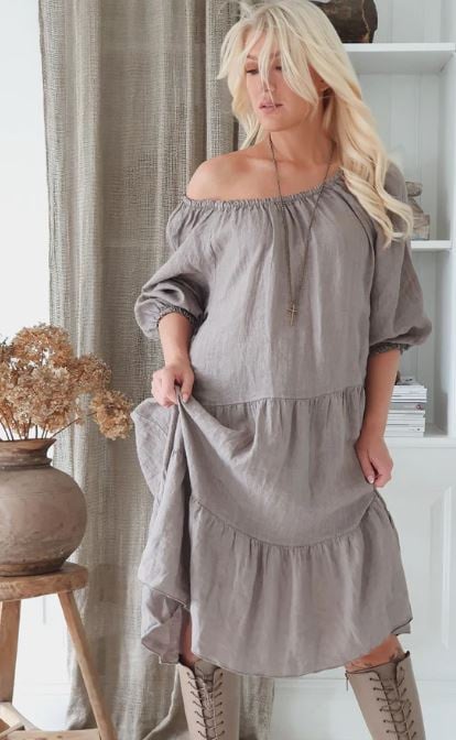 BYPIAS BOHEMIANA ABBY LINEN DRESS, TAUPE