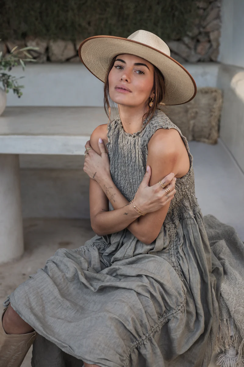 BYPIAS BOHEMIANA Hacienda linen dress taupe